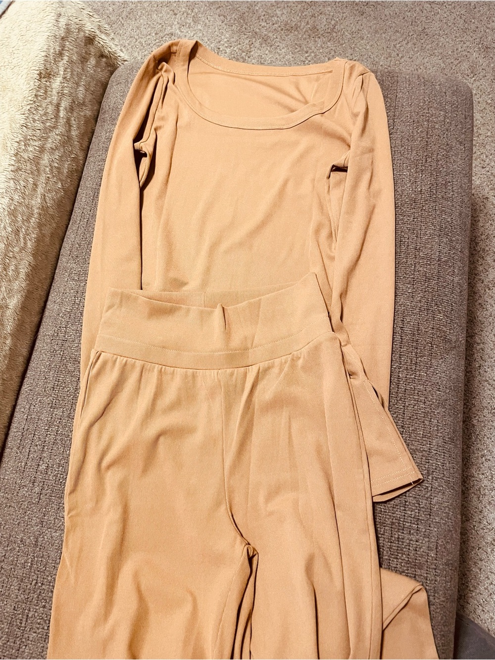 Women's Two-Piece Long Sleeve Crop Top & High-Waist Pants Set — Tan/Camel - Picture 2 of 5